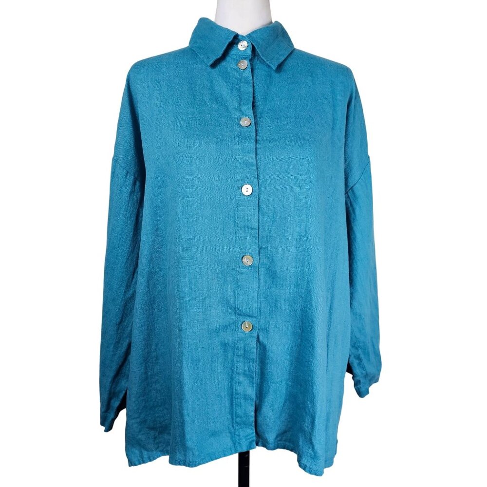 Christopher Calvin Button-Up Linen Shirt L Turquoise Coastal Lagenlook Relaxed‎